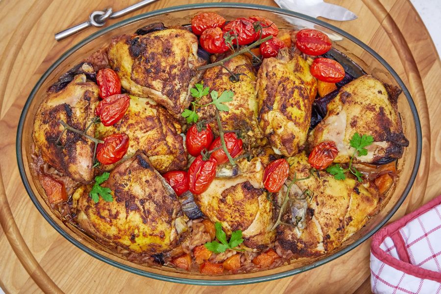 Chicken, tomato and butternut squash tray bake