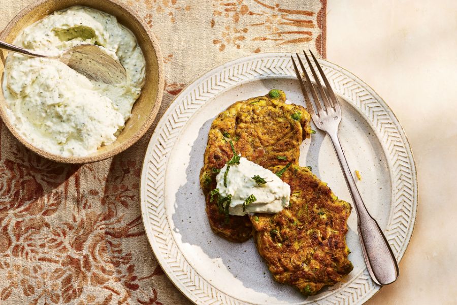 Courgette, pea and mint fritters with whipped feta